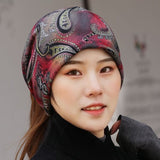 Women,Ethnic,Style,Beanie,Scarf,Double,Layers,Cotton,Skull