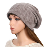Women,Double,Layer,Velvet,Chenille,Vertical,Stripes,Baggy,Beanie