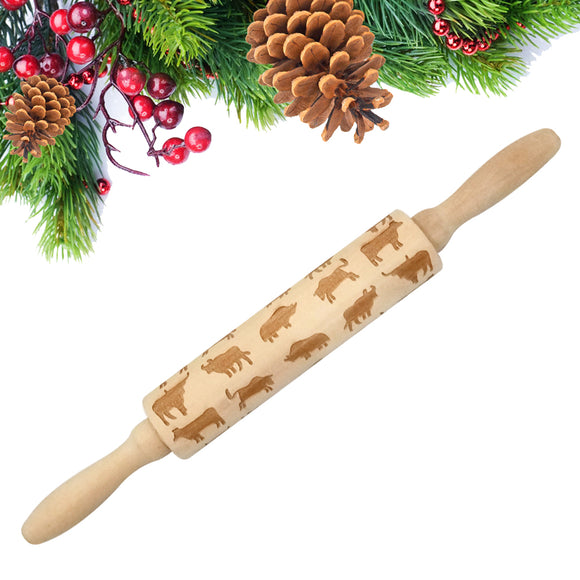 Loskii,JM01690,Wooden,Christmas,Embossed,Rolling,Dough,Stick,Baking,Pastry,Christmas,Decoration