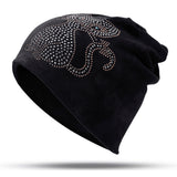 Women's,Double,Velvet,Rhinestones,Pattern,Beanie