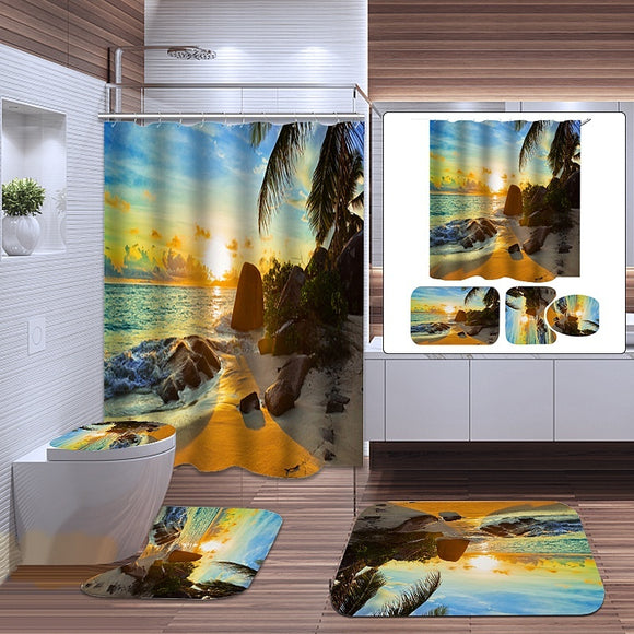 Beach,Shower,Curtain,Waterproof,Bathroom,Sunset,Beach,Printing,Curtain,Floor,Carpet,Toilet,Cover