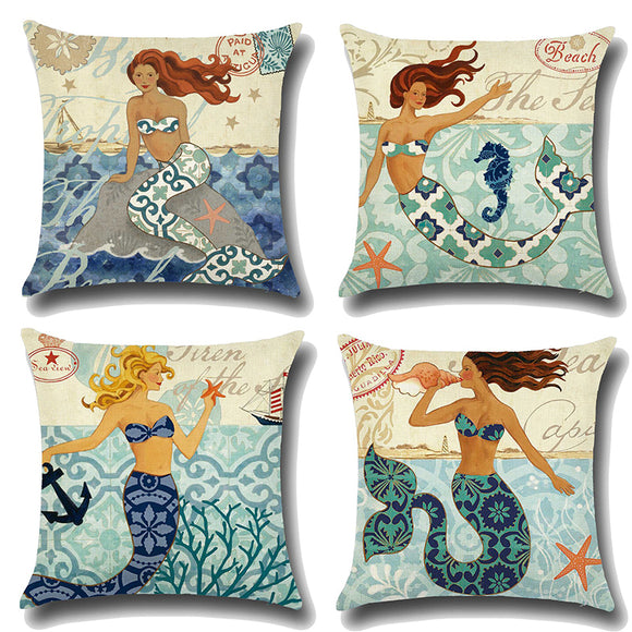 Cartoon,Mermaid,Printed,Cotton,Linen,Square,Cushion,Cover,House,Decor,Pillow