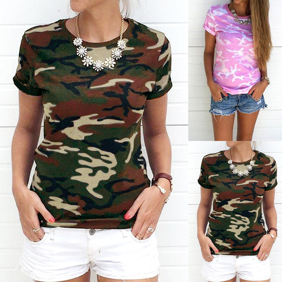 Womens,Outdoor,Sports,Ladies,Camouflage,Print,Basic,Short,Sleeve