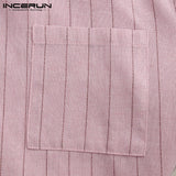 INCERUN,Summer,Short,Sleeve,Linen,Shirt,Striped,Casual,Henley,Shirts