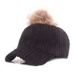 Women,Girls,Winter,Corduroy,Thick,Strip,Pompom,Outdoor,Sports,Baseball,Peaked