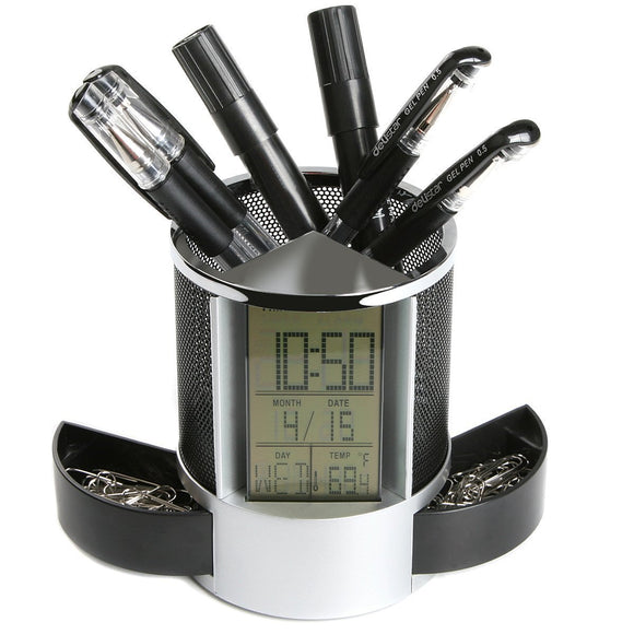 Loskii,Black,Digital,Alarm,Clock,Pencil,Holder,Calendar,Timer,Temperature