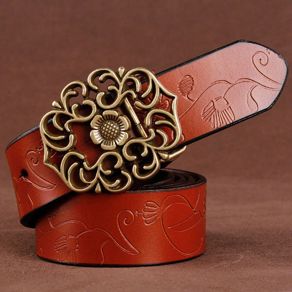 110CM,Women,Second,Layer,Genuine,Leather,Flower,Strap,Retro,Lotus,Buckle,Belts