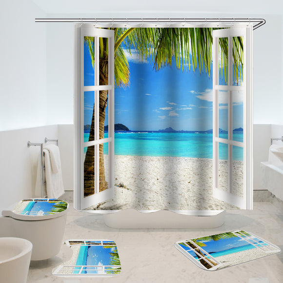 Ocean,White,Beach,Summer,Printed,Bathroom,Washroom,Decor,Shower,Curtain,Floor