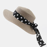 Women,Sunscreen,Vacation,Summer,Elegant,Stylish,Straw,Polka,Ribbon