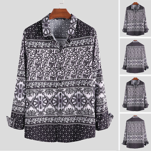 INCERUN,Ethnic,Style,Printed,Stand,Collar,Sleeve,Loose,Casual,Henley,shirts