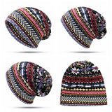 Women,Bohemian,Ethnic,Print,Beanie,Scarf,Double,Layers,Skullcap