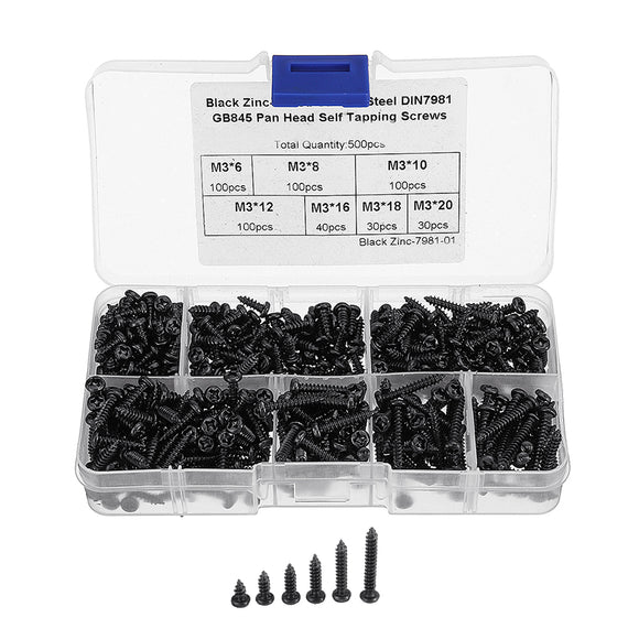 Suleve,M3CP1,500Pcs,Phillips,Screw,Black,Carbon,Steel,Tapping,Woodworking,Screws,Assortment