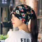 Women,Flower,Print,Beanie,Scarf,Ponytail