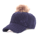 Women,Girls,Winter,Corduroy,Thick,Strip,Pompom,Outdoor,Sports,Baseball,Peaked