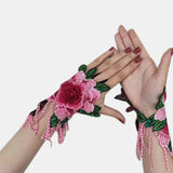 Women,Ethnic,Embroidery,Hallow,Wristband,Fashion,Floral,Cover,Finger,Tassel,Gloves