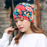 Women,Flower,Print,Beanie,Scarf,Ponytail