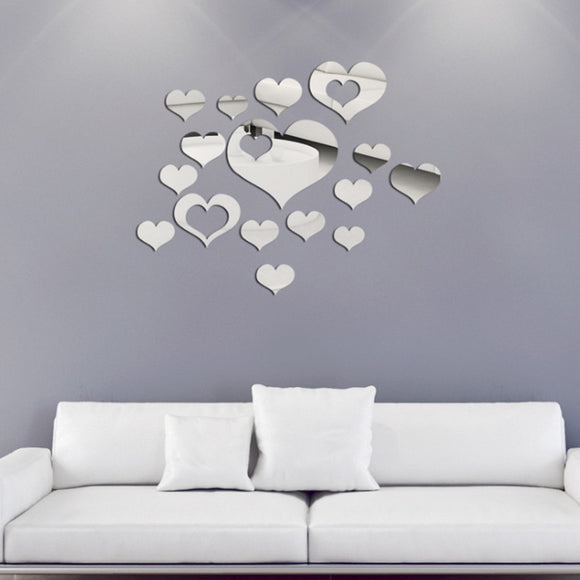 Honana,16Pcs,Silver,Heart,Mirror,Stickers,Bedroom,Office,Decor