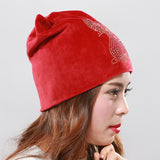 Women's,Double,Velvet,Rhinestones,Pattern,Beanie
