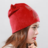 Women's,Double,Velvet,Rhinestones,Pattern,Beanie