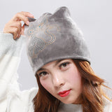 Women's,Double,Velvet,Rhinestones,Pattern,Beanie