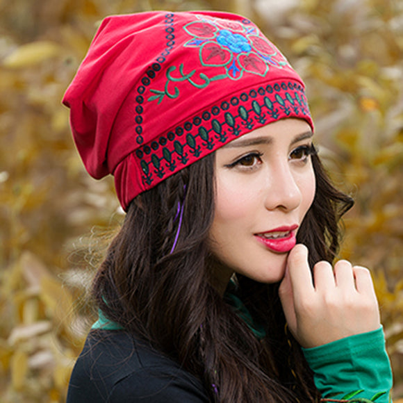 Women,Ethnic,Embroidery,Cotton,Beanie,Vintage,Flower,Pattern,Elastic,Adjustable