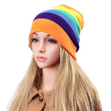 Women,Beanies,Striped,Rainbow,Colors,Cotton,Knitted,Beanie,Gorro