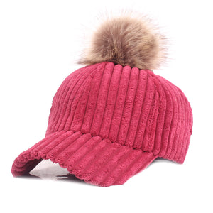 Women,Girls,Winter,Corduroy,Thick,Strip,Pompom,Outdoor,Sports,Baseball,Peaked