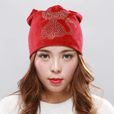 Women's,Double,Velvet,Rhinestones,Pattern,Beanie