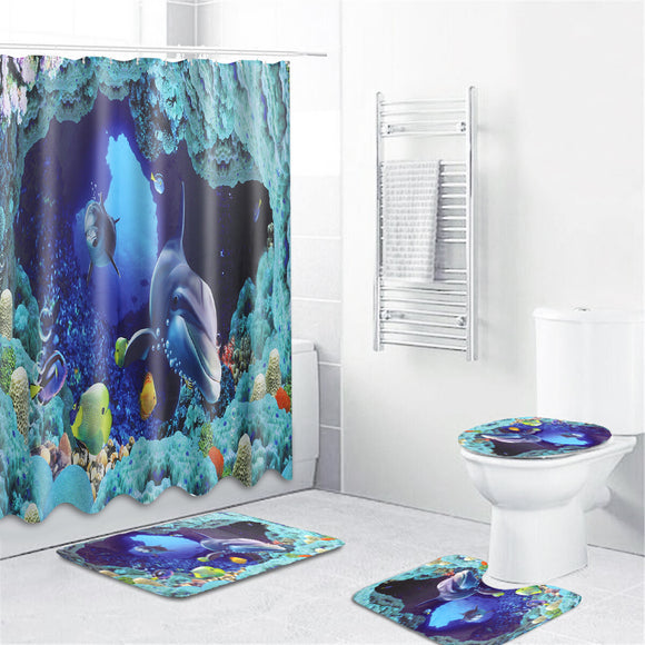 Ocean,Dolphin,Swimming,Decor,Shower,Curtain,Waterproof,Pedestal,Toilet,Cover,Shower,Curtains