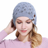 Women,Knitted,Beanie,Casual,Hollow,Button,Woolen,Bonnet