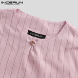 INCERUN,Summer,Short,Sleeve,Linen,Shirt,Striped,Casual,Henley,Shirts